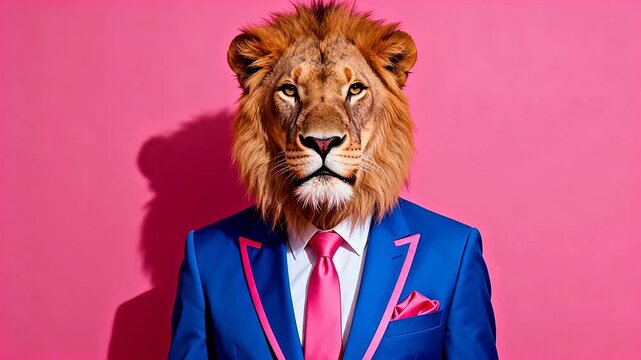 Lion in a suit against pink background