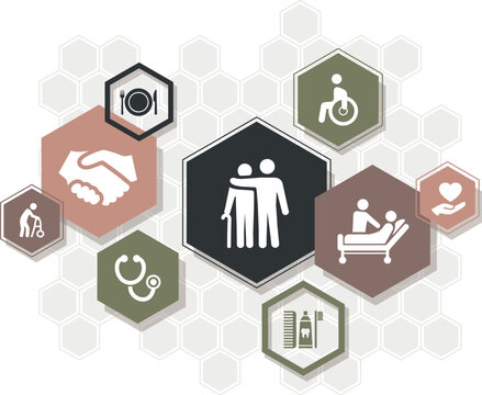 Care / nursing vector illustration. Colourful concept with icons related to domestic healthcare / patient care for sick, injured or elderly people / household help / support during rehabilitation.