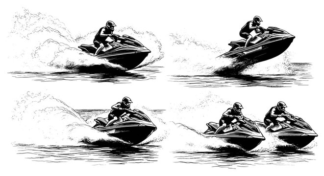 Dynamic jet ski action illustrations showing speed and water spray in a graphic style