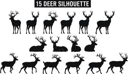 Obraz premium Deer silhouette set with fifteen buck and stag poses, black wild animal vector icons isolated on white, cad drawing flat vector illustration