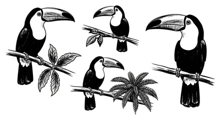 Fototapeta premium Collection of Toucans Perched on Branches with Tropical Foliage in Black and White