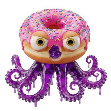 Donut octopus monster hybrid with pink frosting and purple jam tentacles 3d character
