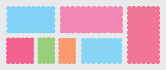 Set of colurful rectangle shape frames with zigzag edge..Zigzag wavy edges, rectangles, photo frames, text boxes, tags, labels.Vector colorful wave square set. Vector illustration