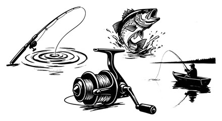 Naklejka premium Fishing montage: jumping fish, angler in boat, and fishing gear illustration