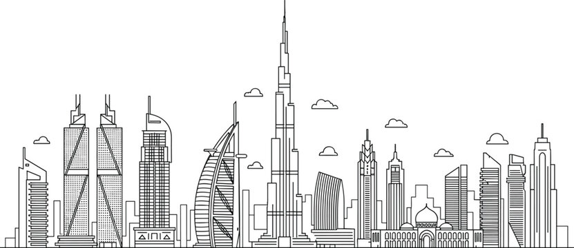 Dubai city skyline linear vector illustration featuring Burj Khalifa and famous landmarks in thin line style isolated on white background for travel infographics