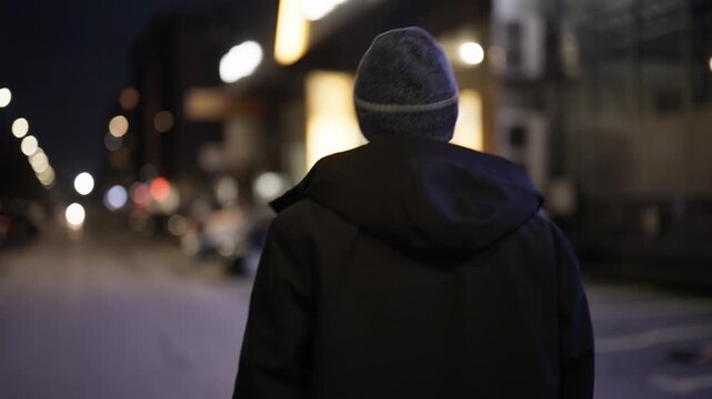 A man walks along a dark city street at night, carrying his bags. He is seen from behind, strolling through the urban environment with blurred lights.