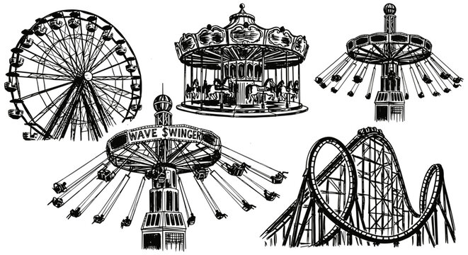 Collection of classic amusement park rides in a vintage sketch style