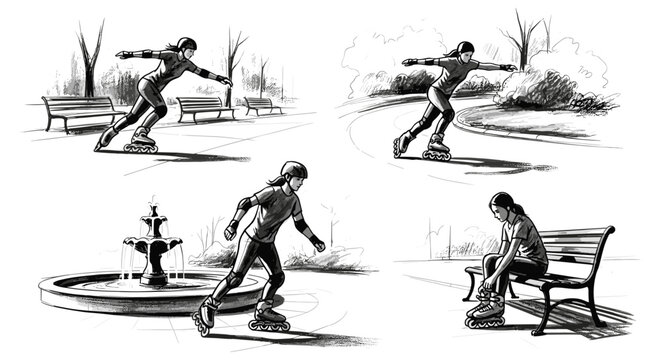 Collage of a young woman rollerblading in a park, enjoying outdoor activity