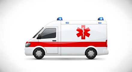 Emergency medical service vehicle with star of life symbol representing urgent healthcare rescue operations and critical patient transport flashing blue lights signaling alert