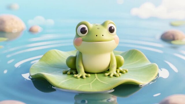 Frog making small hop and landing back on leaf, gentle water ripple animation, slight leaf movement, seamless loop