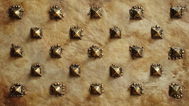 Close up of gold metal pyramid studs on brown weathered leather texture