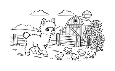 Fototapeta premium Baby Llama Farmyard Adventure. Baby llama exploring a cozy farmyard with a wooden fence, a red barn in the background, sunflowers