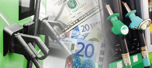 Naklejka premium Electric vehicle charging station and petrol fuel pump nozzles with euro banknotes. Energy costs and transportation expenses concept. Comparison of electricity charging and gasoline price for cars.