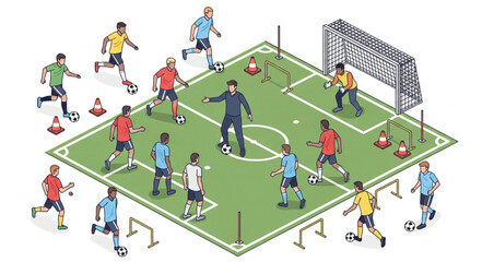 Soccer Players on Field with Goalkeeper.