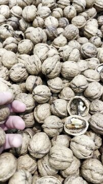 Nuez y c&aacute;scara de nueces en mano con omega 3, vitaminas, minerales y fibra