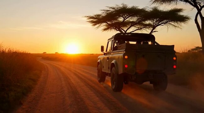 Off- road adventure at sunset safari jeep driving through african savannah with acacia trees serene wilderness road trip