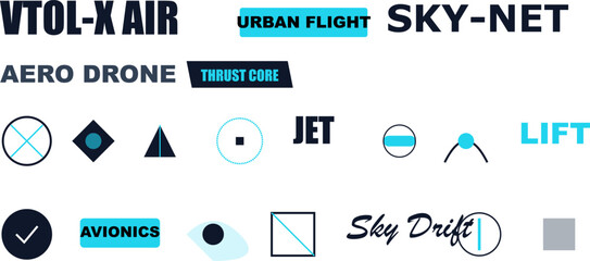 Fototapeta premium Abstract Vector Logos, Icons, Text for Future VTOL, Drone, Urban Air Mobility Technology Concepts.
