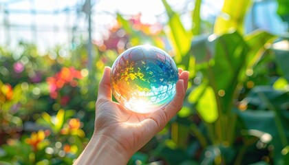 Fototapeta premium Hand holding a colorful crystal ball refracting sunlight with a blurry garden background