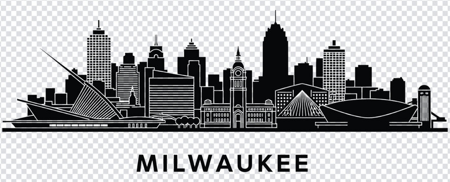 Black and white illustration of milwaukee city skyline with buildings and boats