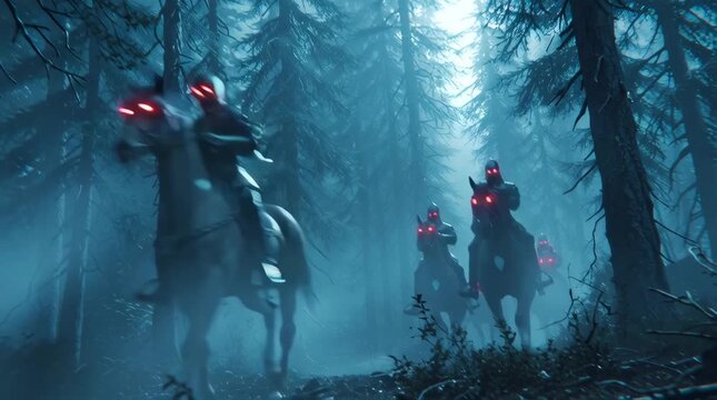 Cinematic dark fantasy forest ambush, spectral armored horsemen glowing eyes, twisted haunted trees, dense fog, ghostly spirits swirling, flashes of pale lightning, grotesque hidden monsters, epic