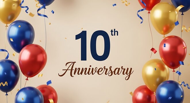 Celebration image with balloons of blue, red, gold, and ribbons surrounding a 10th anniversary text