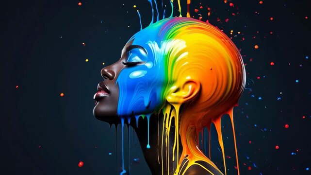 Artistic portrait of a dark-skinned woman with vibrant paint splashes forming abstract hair against a dark background.
