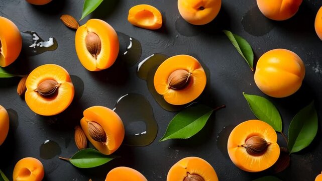 Fresh apricots and almonds arranged artistically on a dark textured background with leaves