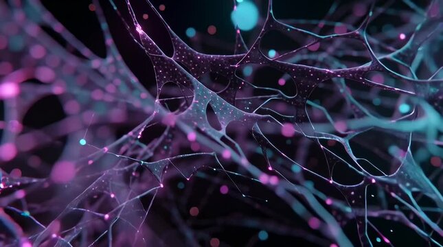Massive neural network cloud made glowing particles connecting lines brain-like structures in space, millions of floating nodes dynamically linking unlinking, flowing data streams moving network