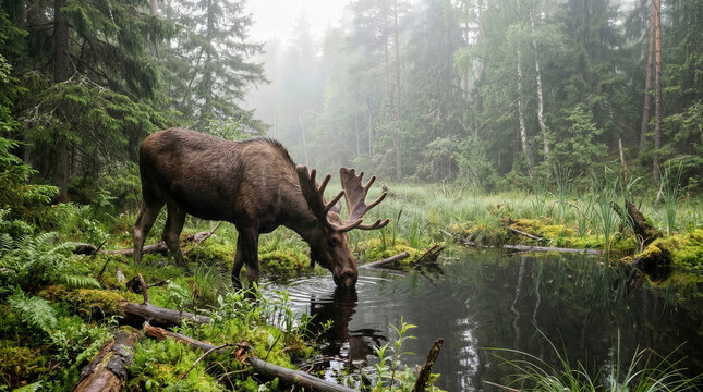 Majestic bull moose drinks water from a tranquil forest pond surrounded by lush greenery