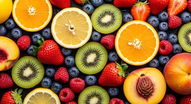Close-up of vibrant fruit slices, including citrus, berries, and kiwi, forming a colorful pattern