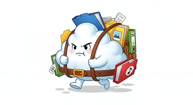 A cartoon cloud character carrying a large backpack full of books and looking stressed.