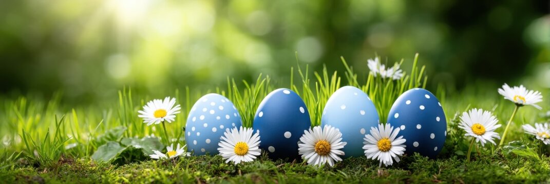 Four decorated blue eggs with white dots sit in fresh grass among small white daisies, with warm sunlight and soft bokeh, suggesting spring holiday celebration