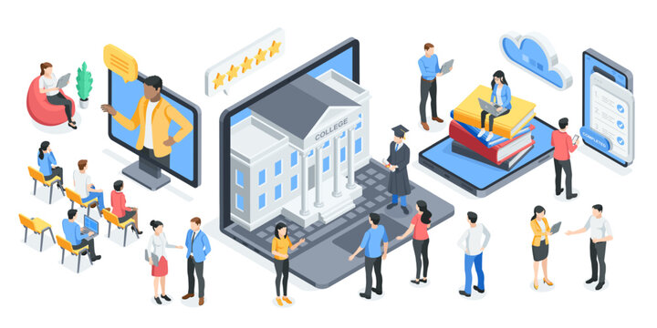 isometric vector illustration on the topic of online education, in color on a white background, with students attending online lectures and applicants, as well as teachers on  computer screen and clou