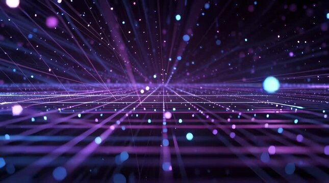 Abstract quantum data grid animation, glowing neon blue violet digital grid stretching infinitely perspective, billions of tiny light particles traveling along grid lines data packets, AI technology 