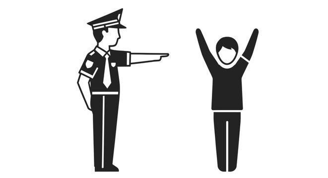 A police officer points towards a person with raised arms in a black and white illustration