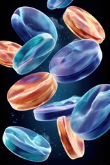 Fototapeta premium Bioluminescent blue and orange coins float in a dynamic cosmic scene of light and motion