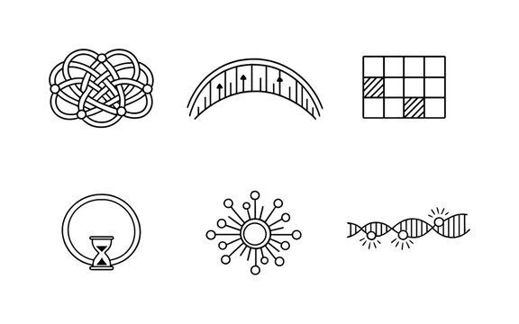 Line style icons of biological-age indicators: methylation cluster knot, gene-expression arc, chromatin accessibility tile,