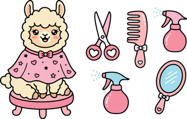 Fototapeta premium Cute fluffy llama wearing pink cape sitting on round stool with grooming scissors comb mirrors and spray bottles set vector illustration