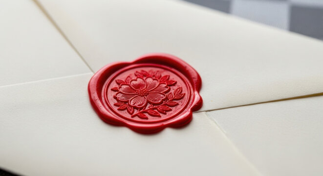 Red wax seal on a white envelope closeup