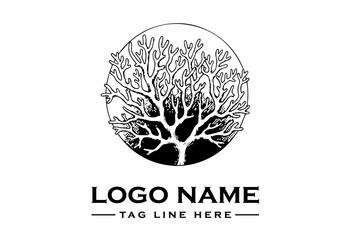 Black and white logo design featuring a tree in a circle with space for logo name and tagline on a white background. © Lucaa