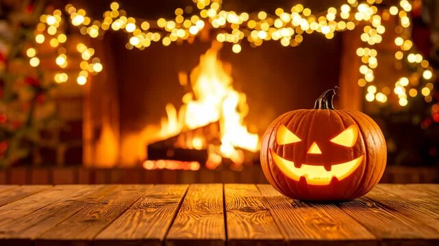 Carved Jack-o-lantern glows near a warm fireplace with festive lights