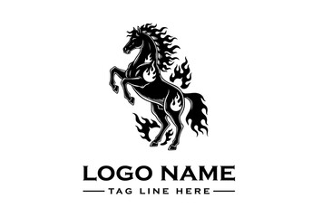 Black logo of a rearing horse with flowing mane and tail, accompanied by placeholder text for logo name and tagline on a white background. © Lucaa