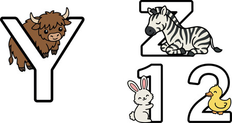 Fototapeta premium Cute cartoon baby bunny rabbit hugging number one with smiling baby yak on letter y and sleepy baby zebra on letter z and happy yellow duck on number two