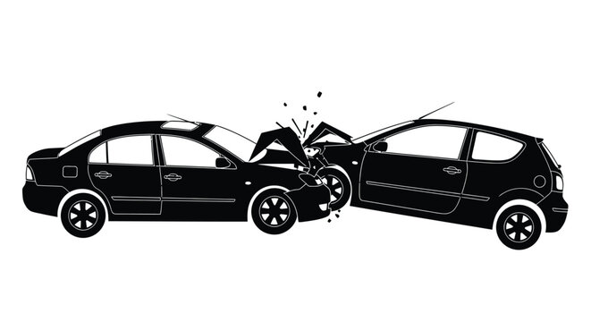 Two cars involved in a head on collision depicted in a stark black and white style
