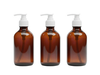 Three identical amber plastic bottles with pump dispensers on a white background