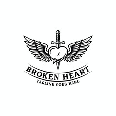 Fototapeta premium Stylized winged heart pierced by a sword in monochrome, an emblem of sorrow and emotional pain.