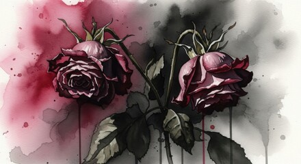 Elegant yet haunting roses dripping with dark, mysterious allure in monochrome and crimson