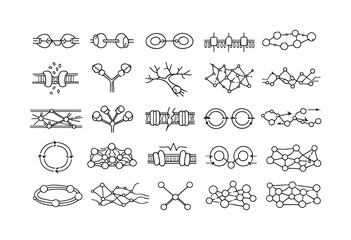 Obraz premium Biological Network Icons. Line vector icons of biological learning networks: adaptive synapse sites, protein-modulated links, cell