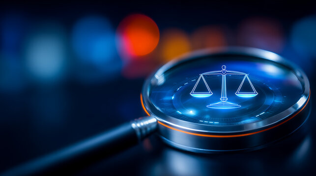 A magnifying glass highlighting balanced scales on a digital display, representing legal analysis, compliance review, and the pursuit of justice in modern systems.
