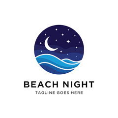 Obraz premium Stylized vector illustration of a serene night beach with a crescent moon and stars.